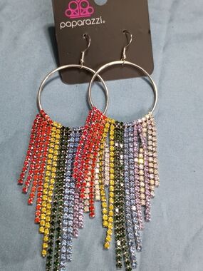 Paparazzi Multicolor Rhinestone Fringe Hoop Earrings - Colorful Crystal Cascade
